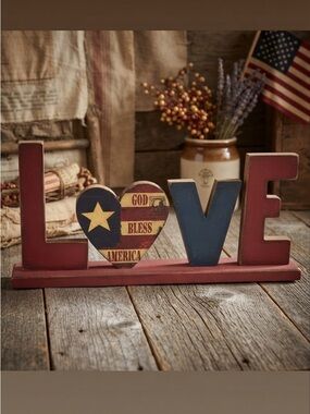 Vintage 90s Handmade Solid Wood Primitive Hand-Painted "LOVE"Patriotic Decor